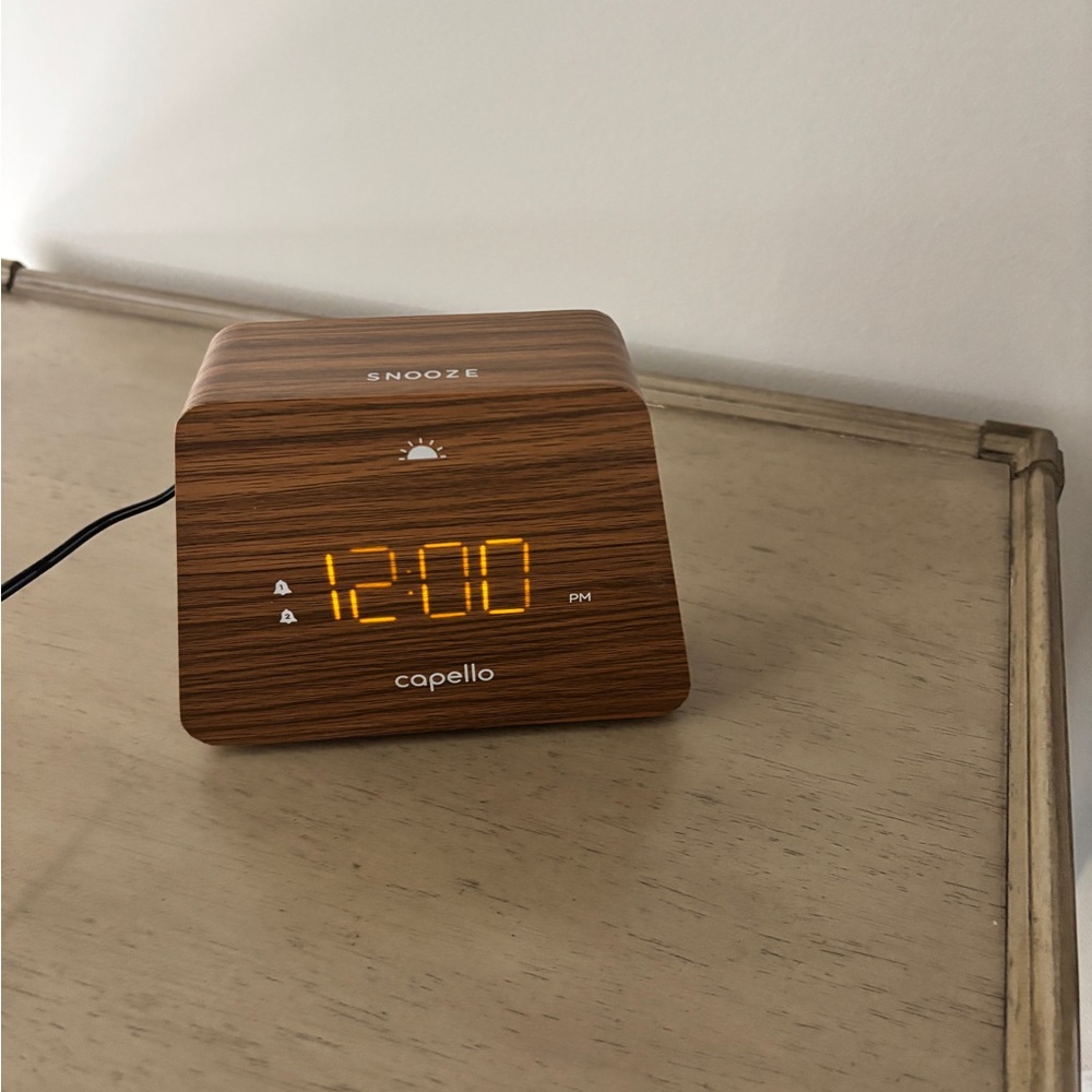 Battery or Cable Capello Wood Grain Alarm Clock with Orange Display
